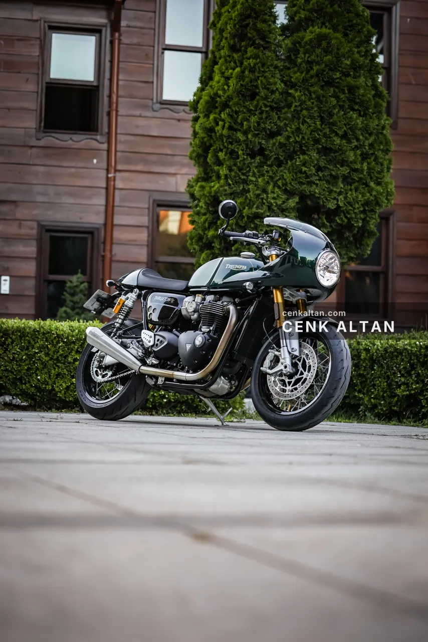 Ahşap bir binanın ve selvinin önünde yeşil Triumph café racer