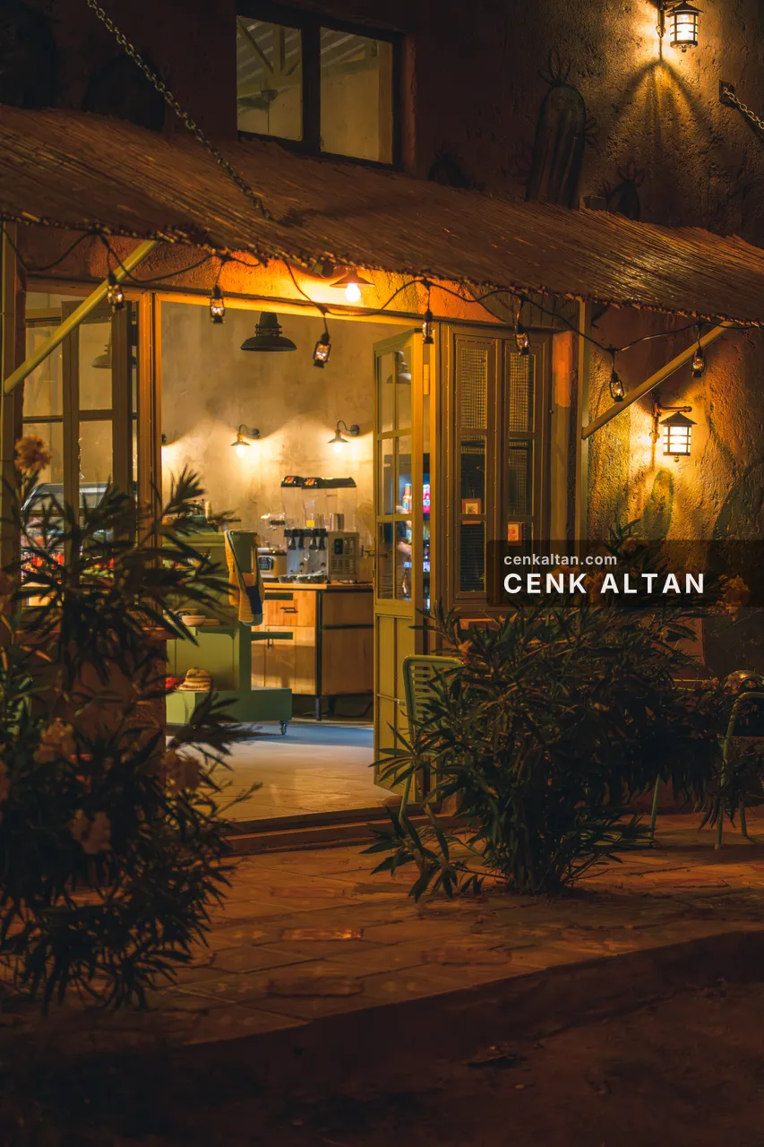 Gece sıcak ışıkla aydınlanmış taş kafe cephesi ve bitkiler